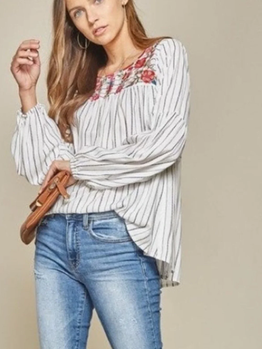 Striped White Peasant Top Embroidered Floral Yoke - White, Med - Picture 1 of 11